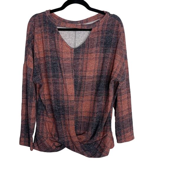 New 143 Story by Line Up L Gray Orange Plaid Cut Out Neck Twist Front Knit Top - Picture 1 of 7